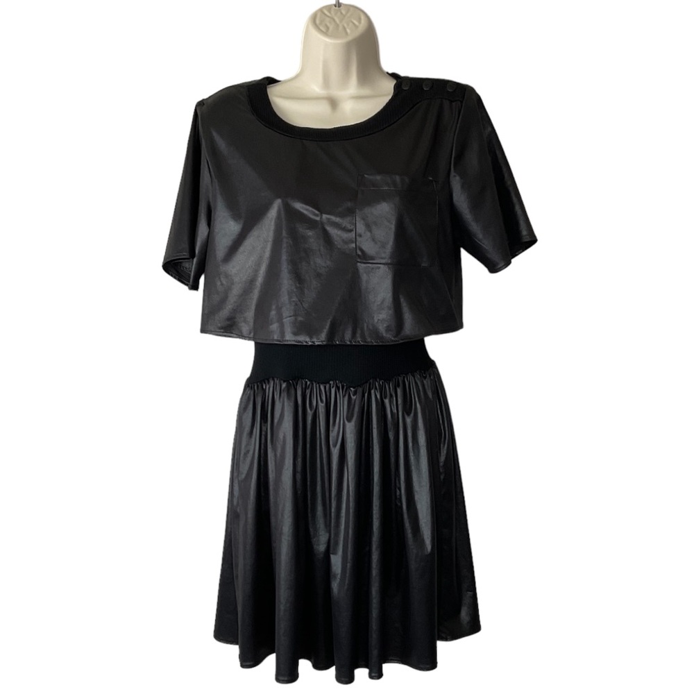 Vintage 80s Mini Dress Crop Shirt And Skater Skirt Size S Liquid Leather
